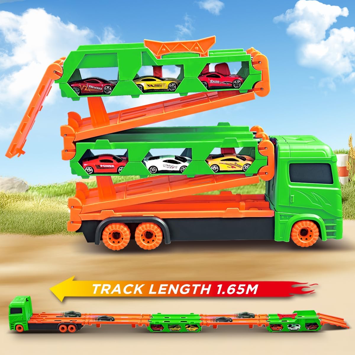 SpeedTruck™ Racewagen Truck – 2-in-1 Container Vrachtwagen met Uitschuifbare Dubbele Racebaan | Speelgoed Transportset Kinderen 3+