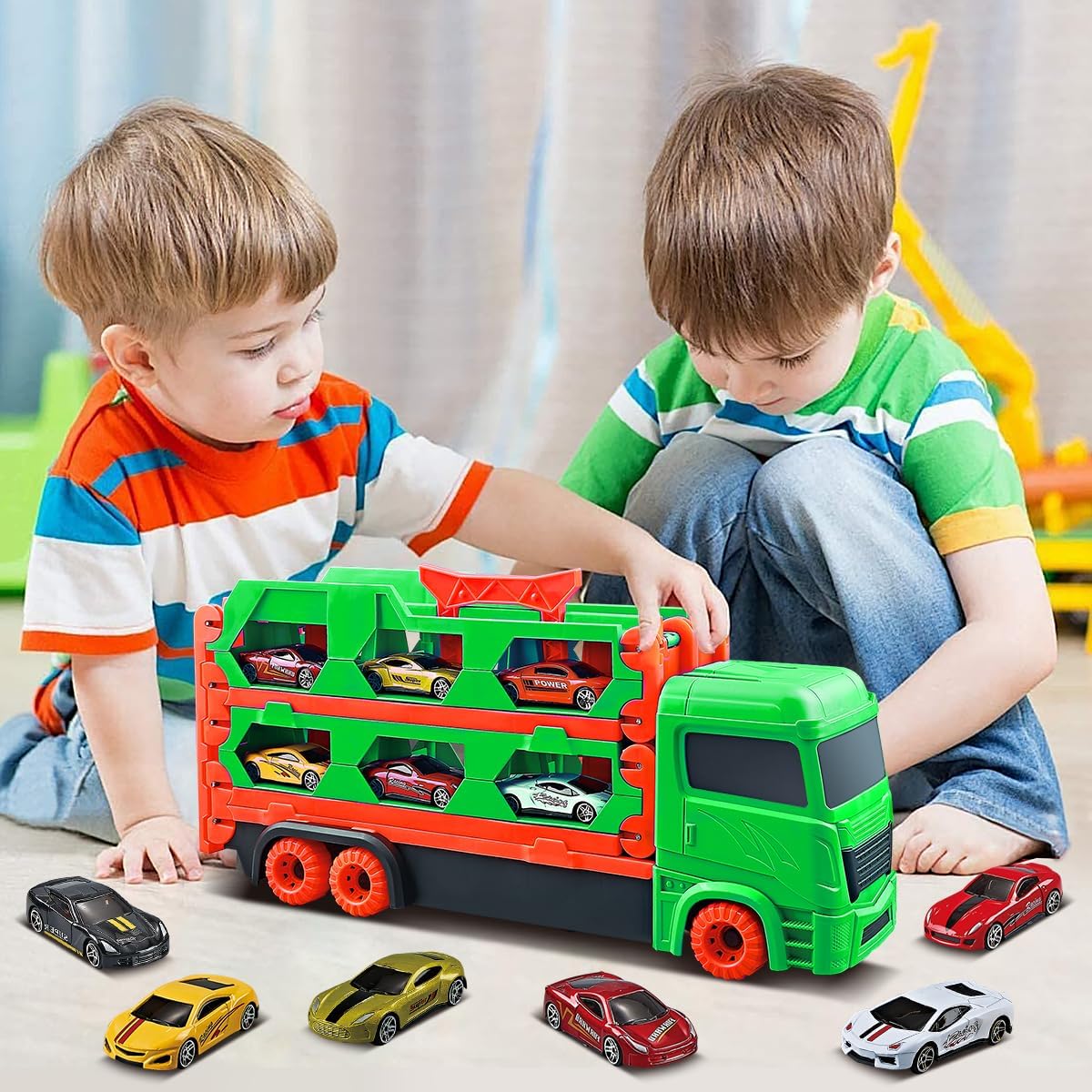 SpeedTruck™ Racewagen Truck – 2-in-1 Container Vrachtwagen met Uitschuifbare Dubbele Racebaan | Speelgoed Transportset Kinderen 3+