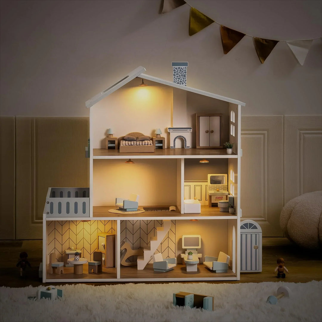 MiniWorld™ – Houten Poppenhuis met 6 Kamers Speelhuis voor Kinderen