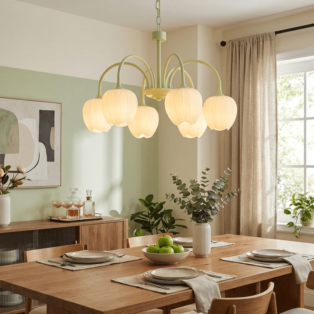 Matcha tulpen kroonluchter met glazen kapjes voor de kinderkamer