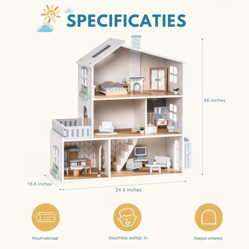 MiniWorld™ – Houten Poppenhuis met 6 Kamers Speelhuis voor Kinderen