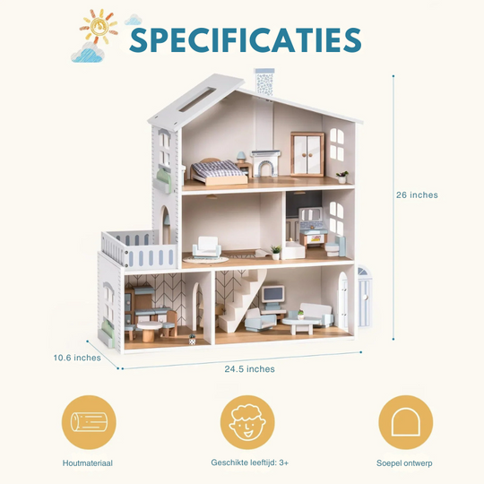 MiniWorld™ – Houten Poppenhuis met 6 Kamers Speelhuis voor Kinderen