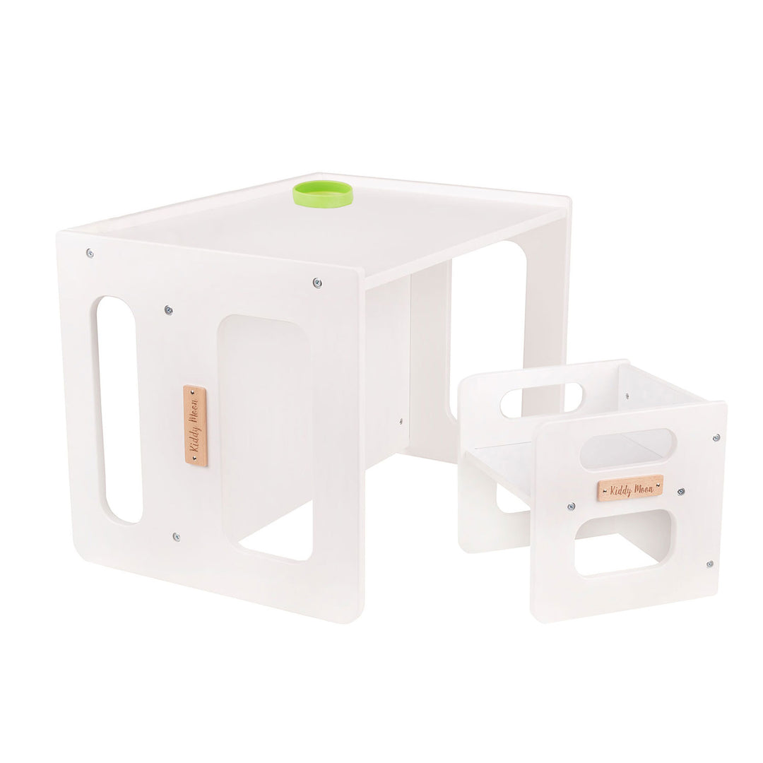 KiddMoon™ Montessori Kinder Tafelset – Houten Speeltafel met Stoel & Bank (2 jaar+) – Grijs Hardhout Multiplex