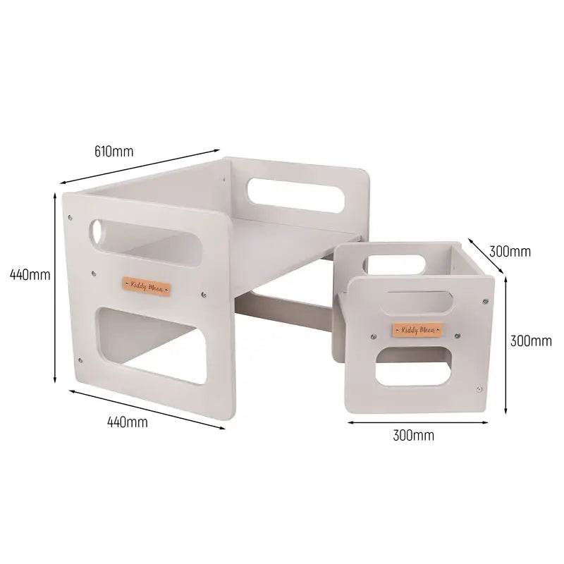 KiddMoon™ Montessori Kinder Tafelset – Houten Speeltafel met Stoel & Bank (2 jaar+) – Grijs Hardhout Multiplex