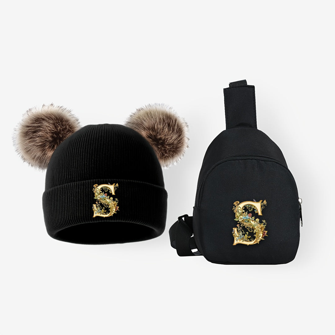 LetterFun™ – Luxe Gebreide Muts & Chest Bag Set – Winter Outfit Kinderen