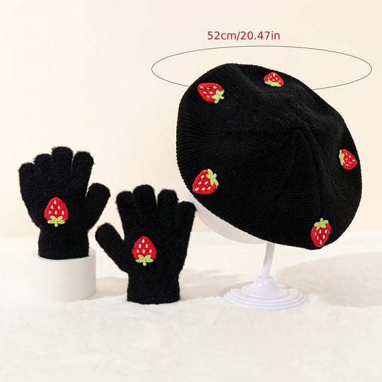 StrawBerryChic™ – 2-Delige Meisjes Beret & Handschoenen Set