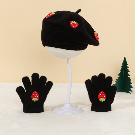 StrawBerryChic™ – 2-Delige Meisjes Beret & Handschoenen Set