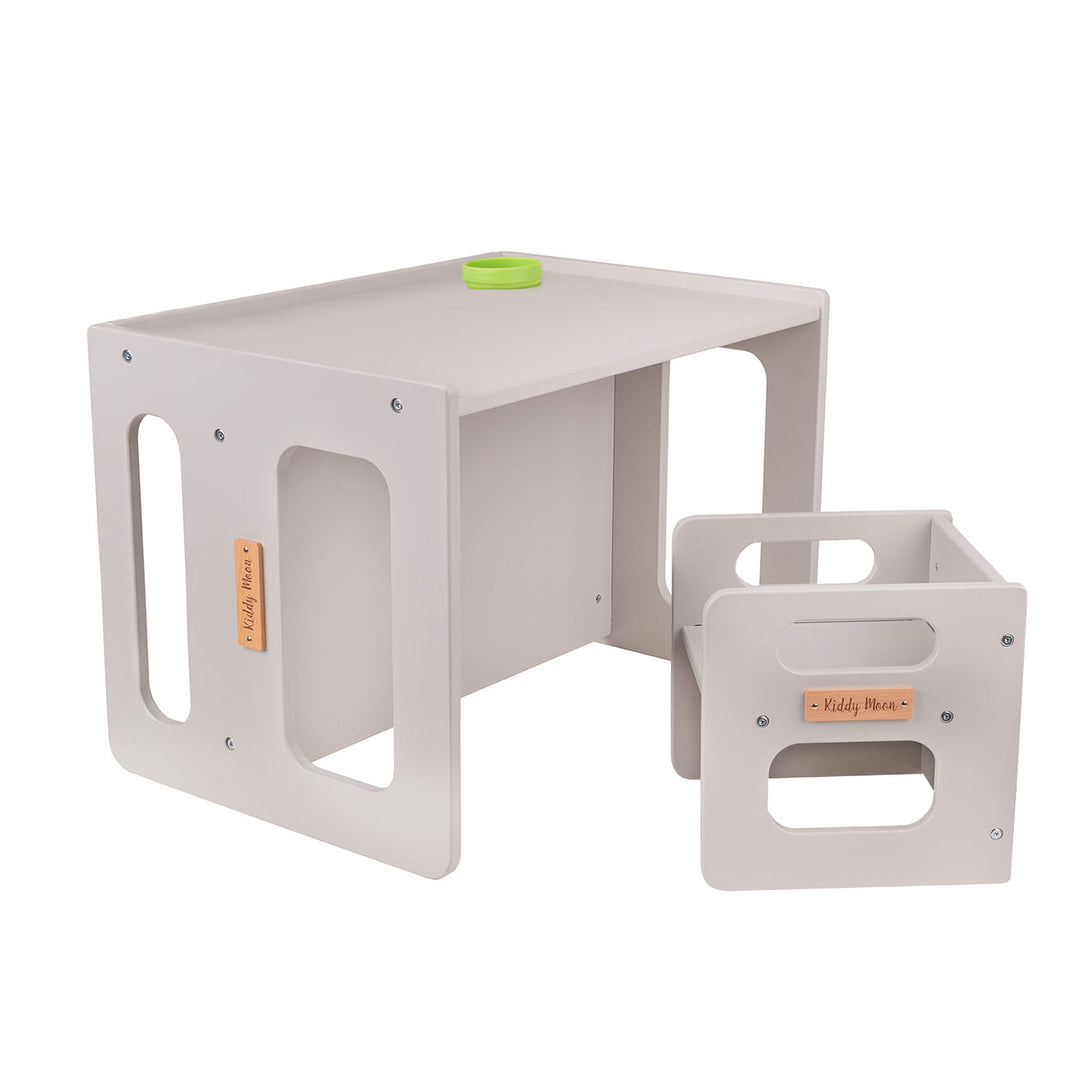 KiddMoon™ Montessori Kinder Tafelset – Houten Speeltafel met Stoel & Bank (2 jaar+) – Grijs Hardhout Multiplex