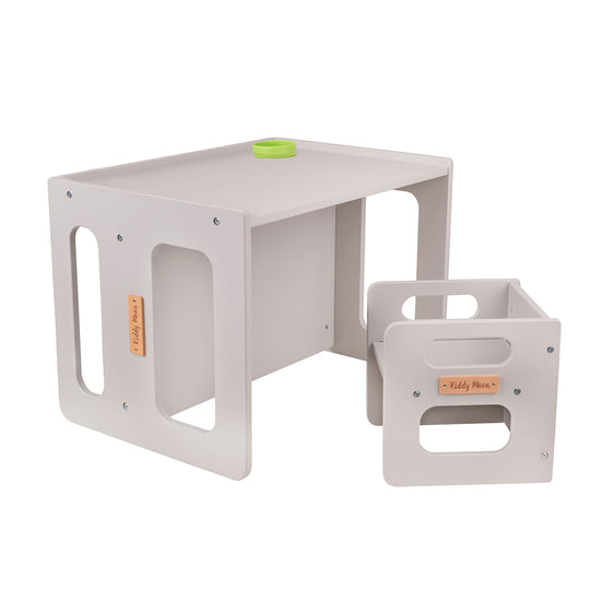 KiddMoon™ Montessori Kinder Tafelset – Houten Speeltafel met Stoel & Bank (2 jaar+) – Grijs Hardhout Multiplex