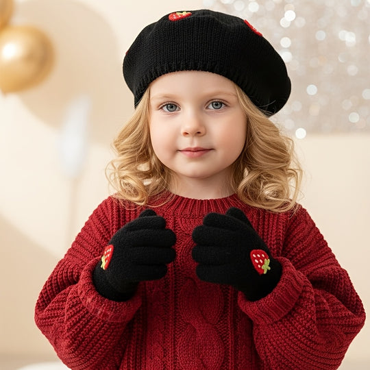 StrawBerryChic™ – 2-Delige Meisjes Beret & Handschoenen Set