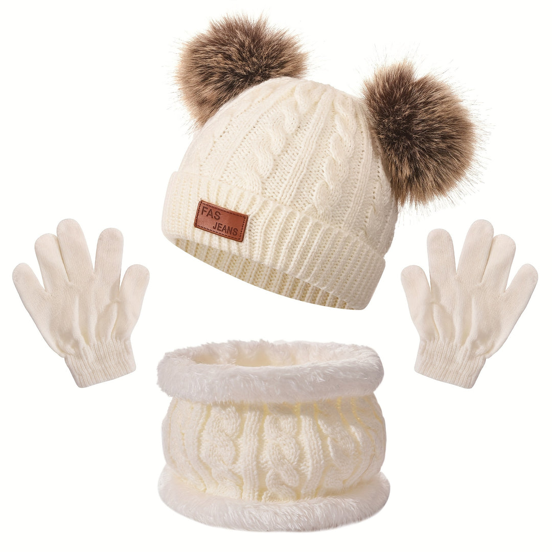 PomFun™ – Meisjes 3-delige Winter Set – Muts, Handschoenen & Nekwarmer