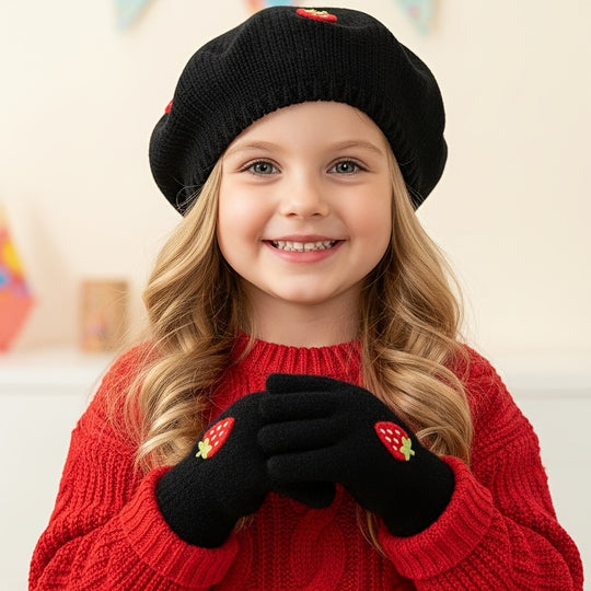 StrawBerryChic™ – 2-Delige Meisjes Beret & Handschoenen Set