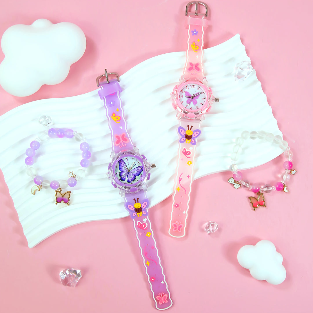 LumiFly™ – Meisjes Vlinder Quartz Horloge Set – LED Gloeiend Silicone Horloge met Armband