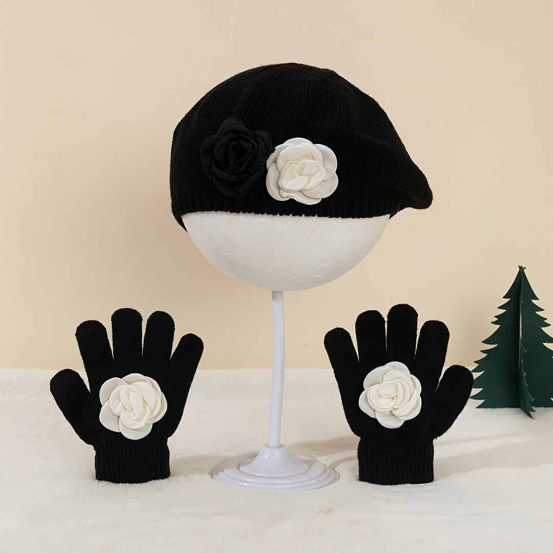 FloraWarm™ – 2-Delige Meisjes Beret & Handschoenen Set