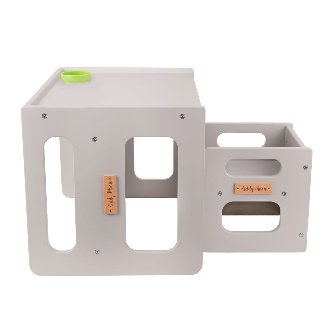 KiddMoon™ Montessori Kinder Tafelset – Houten Speeltafel met Stoel & Bank (2 jaar+) – Grijs Hardhout Multiplex