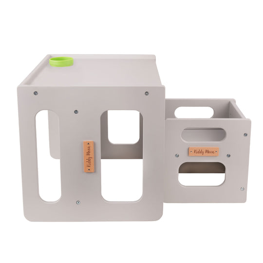 KiddMoon™ Montessori Kinder Tafelset – Houten Speeltafel met Stoel & Bank (2 jaar+) – Grijs Hardhout Multiplex