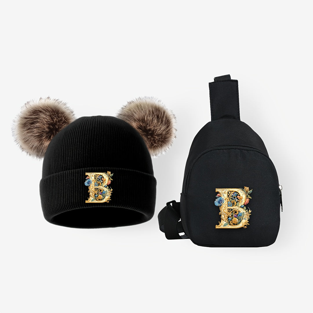 LetterFun™ – Luxe Gebreide Muts & Chest Bag Set – Winter Outfit Kinderen