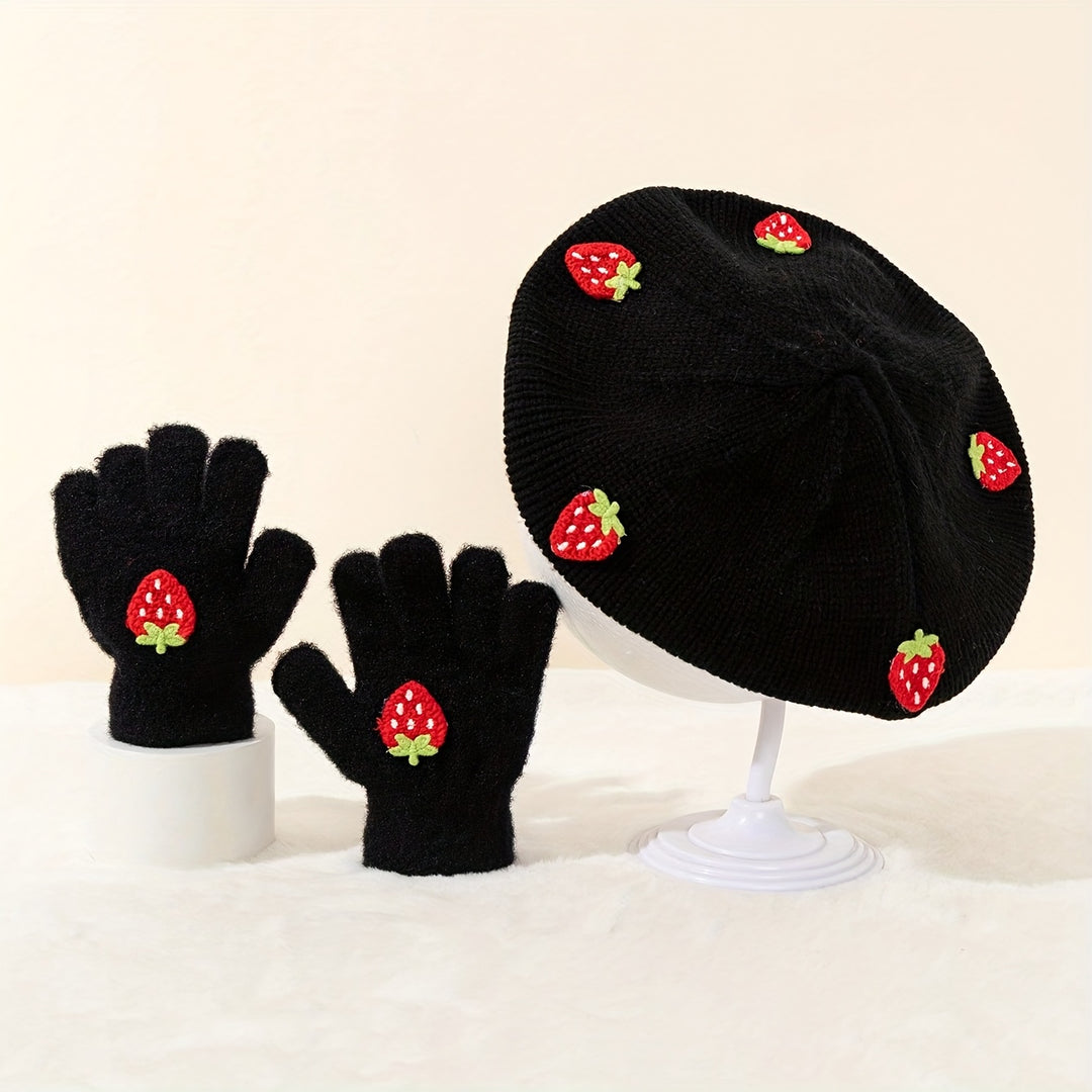StrawBerryChic™ – 2-Delige Meisjes Beret & Handschoenen Set