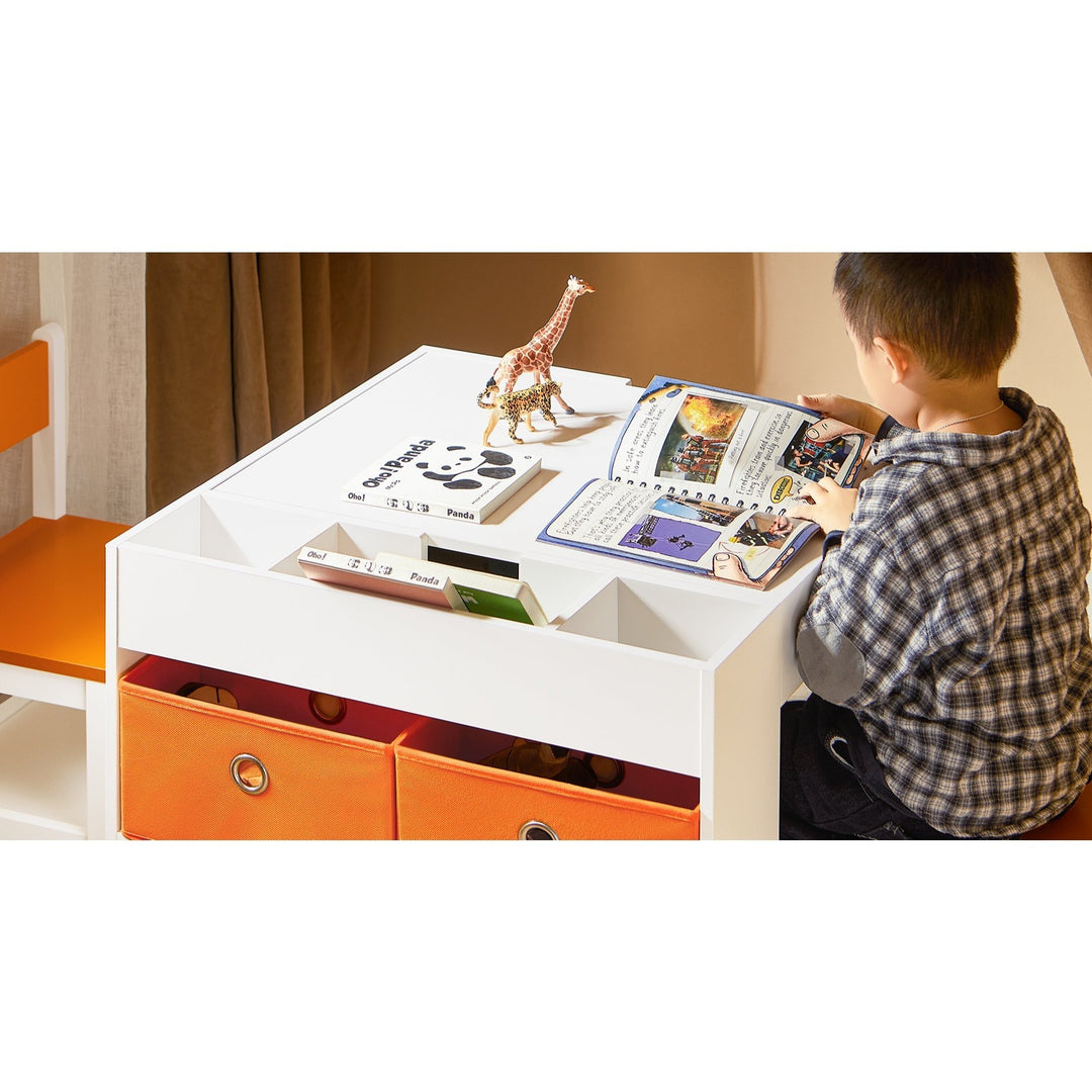 EduDraw™ Montessori Kinder Tekentafel Set – Houten Dubbelzijdige Tafel met 2 Stoelen & 4 Opbergboxen – Omkeerbaar Schoolbord Bureau