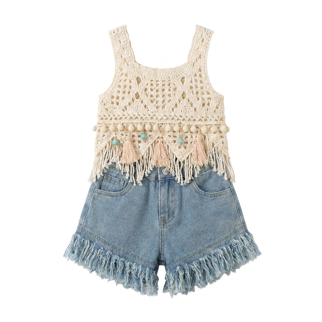 Zonnekind Set met Boho-Top en Denimshort studio productfoto - Milo & Moon