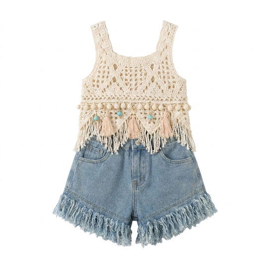 Zonnekind Set met Boho-Top en Denimshort studio productfoto - Milo & Moon