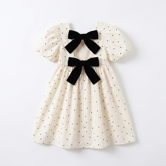 BowBloom – Kinderjurk met Dubbele Strikken en A-lijn Rok studio productfoto - Milo & Moon